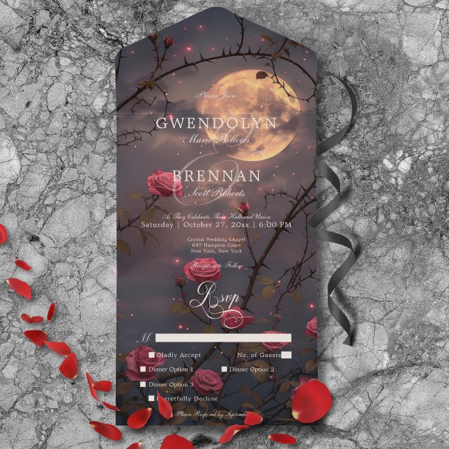 Mörk Gothic Full Moon & Blood Röd ros Middag (Dark Gothic Full Moon & Blood Red Roses Dinner All In One Invitation)