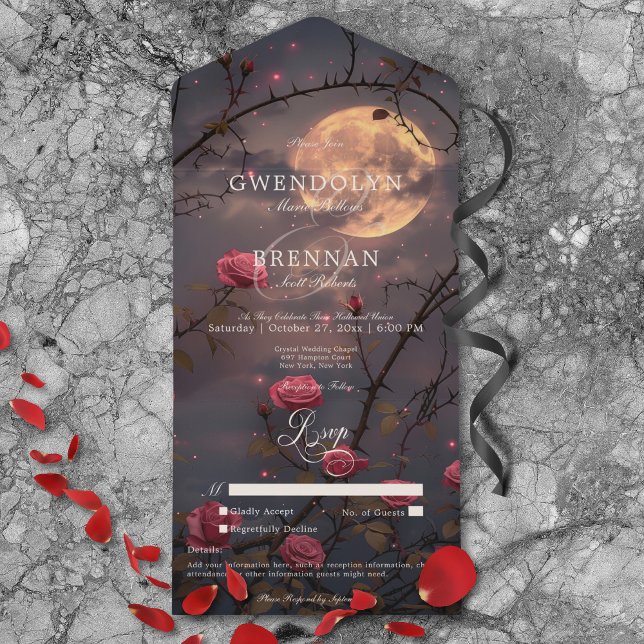 Mörk Gothic Full Moon & Blood Röd ros No Middag (Dark Gothic Full Moon & Blood Red Roses No Dinner All In One Invitation)