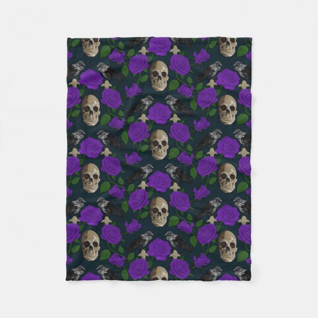 Mörk Gothic Grungy Ro Vines Raven Skull lila Fleecefilt (Framsidan)