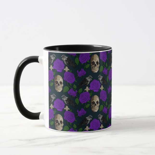 Mörk Gothic Grungy Ro Vines Raven Skull lila Mugg (Vänster)