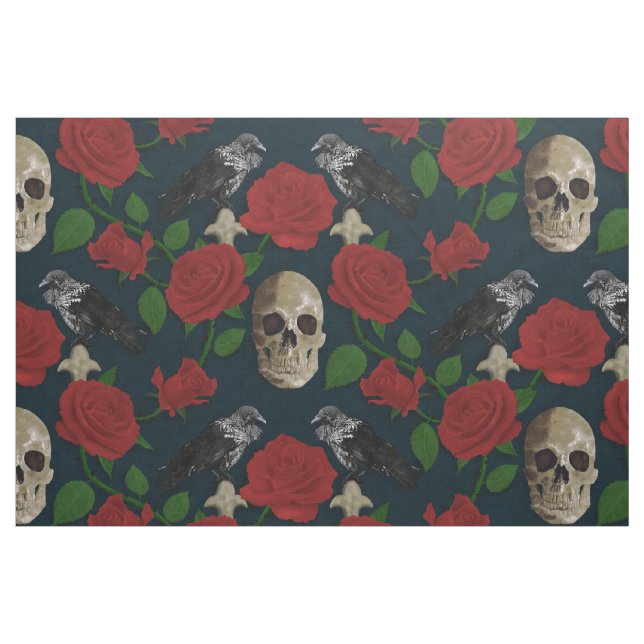 Mörk Gothic Grungy Ro Vines Raven Skull Red Tyg (Fat Quarter)