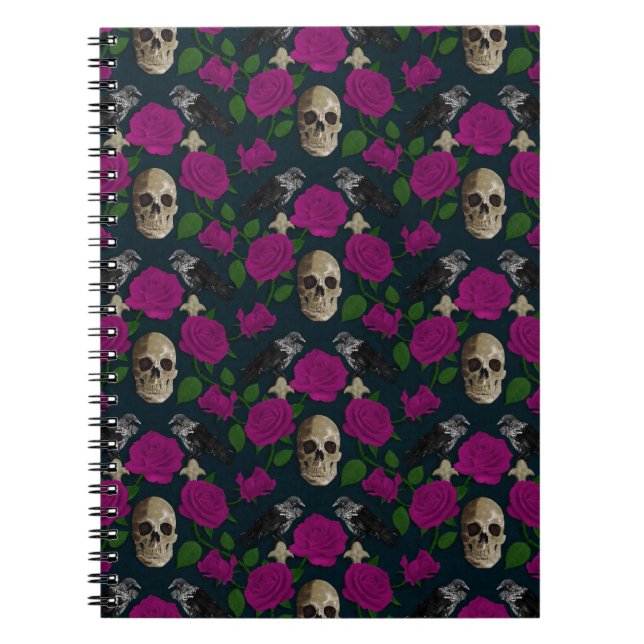 Mörk Gothic Grungy Ro Vines Raven Skull rosa Anteckningsbok (Framsidan)