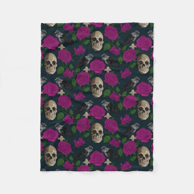 Mörk Gothic Grungy Ro Vines Raven Skull rosa Fleecefilt (Framsidan)