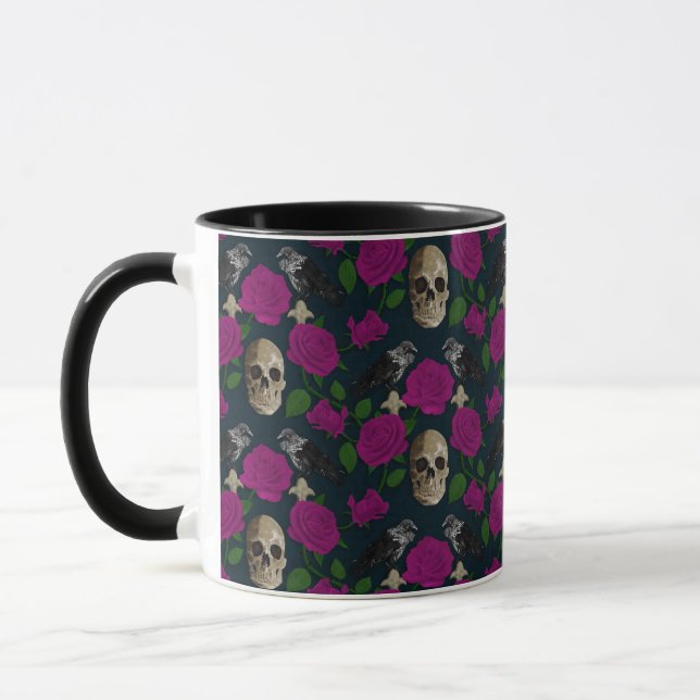 Mörk Gothic Grungy Ro Vines Raven Skull rosa Mugg (Vänster)