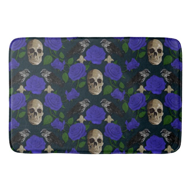 Mörk Gothic Grungy Ro Vines Raven Skullblått Badrumsmatta (Framsidan)