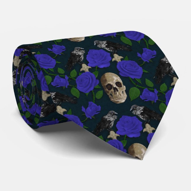 Mörk Gothic Grungy Ro Vines Raven Skullblått Slips (Rullad)
