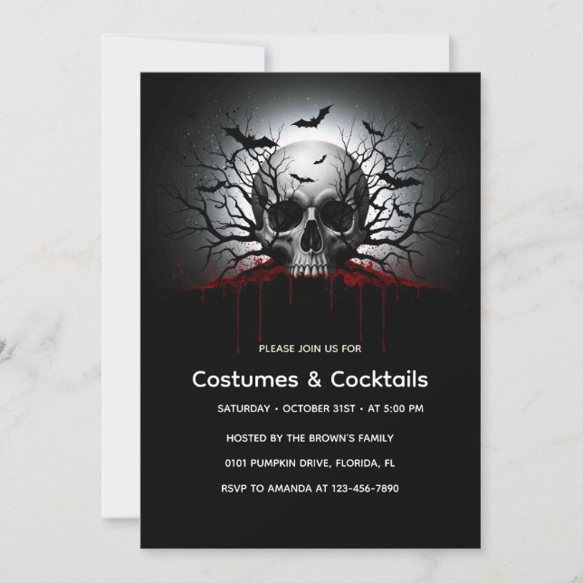 Mörk Gothic Halloween-inbjudningskort | Skull & Ba Inbjudningar (Framsida)