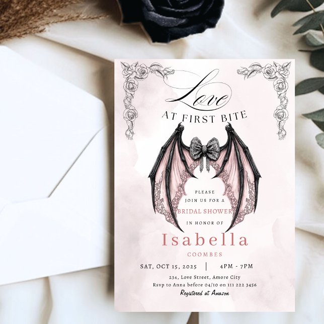 Mörk Gothic Möhippa Coquette Batty Halloween Inbjudningar (Dark Gothic Bridal Shower Coquette Batty Halloween Invitation)