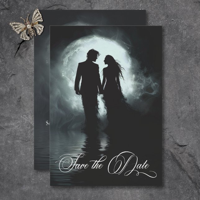 Mörk Gothic Moonlight par Silhouette Bröllop Spara Datumet (Dark Gothic Moonlight Couple Silhouette Wedding Save The Date)