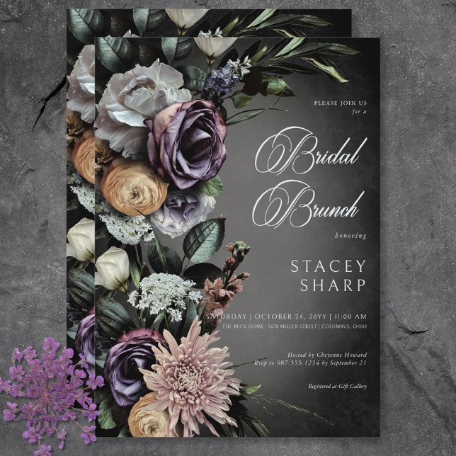 Mörk Gothic Mysterious Muted Blommigt Blur Brunch Inbjudningar (Dark Gothic Mysterious Muted Floral Blur Brunch Invitation)