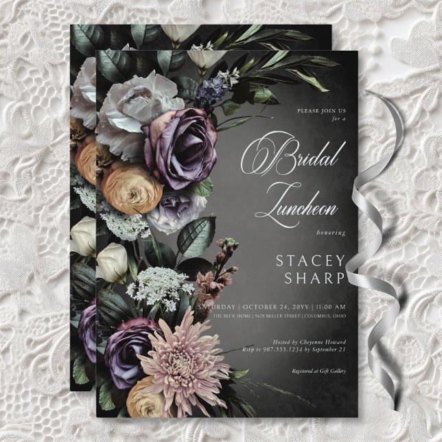 Mörk Gothic Mysterious Muted Blommigt Blur Luncheo Inbjudningar (Dark Gothic Mysterious Muted Floral Blur Luncheon Invitation)