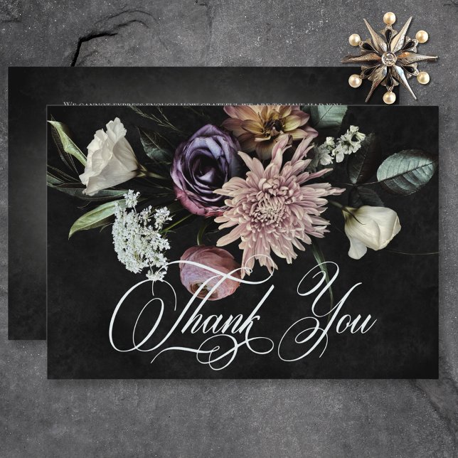 Mörk Gothic Mysterious Muted Blommigt Bröllop Tack Kort (Dark Gothic Mysterious Muted Floral Wedding Thank You Card)