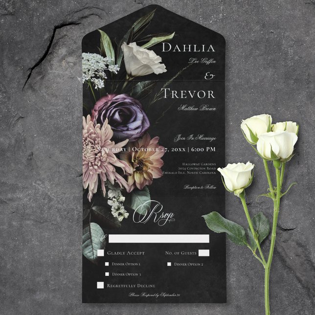 Mörk Gothic Mysterious Muted Blommigt Dinner (Dark Gothic Mysterious Muted Floral Dinner All In One Invitation)