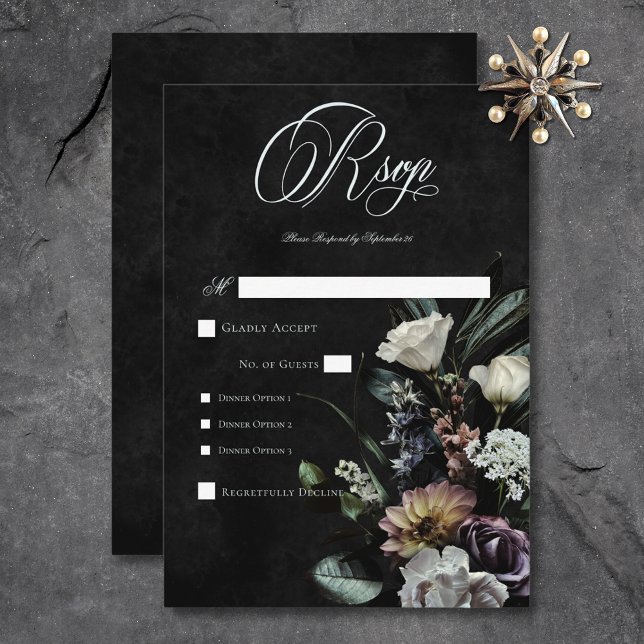 Mörk Gothic Mysterious Muted Blommigt Dinner OSA Kort (Dark Gothic Mysterious Muted Floral Dinner RSVP Card)