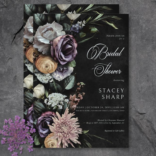 Mörk Gothic Mysterious Muted Blommigt Möhippa Inbjudningar (Dark Gothic Mysterious Muted Floral Bridal Shower Invitation)