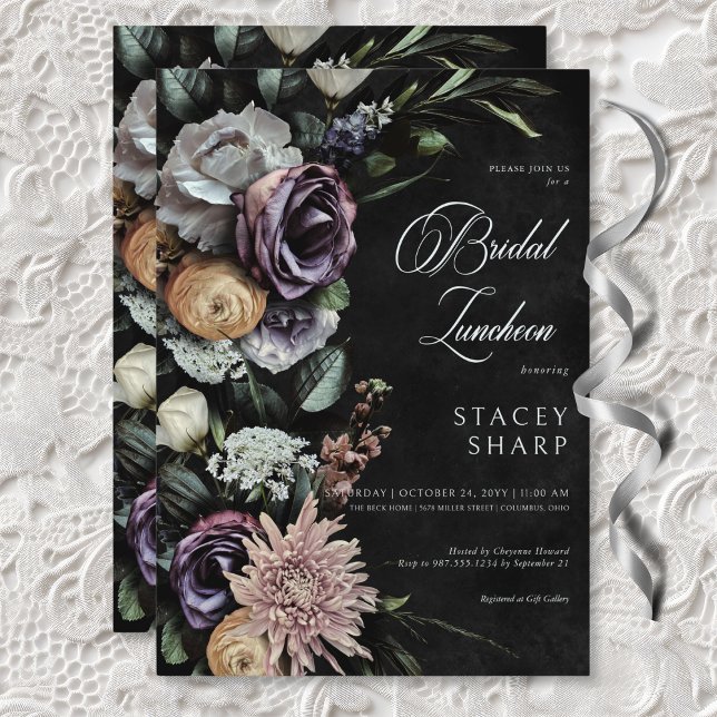Mörk Gothic Mysterious Muted Blommigt Möhippa Lunc Inbjudningar (Dark Gothic Mysterious Muted Floral Bridal Lunch Invitation)