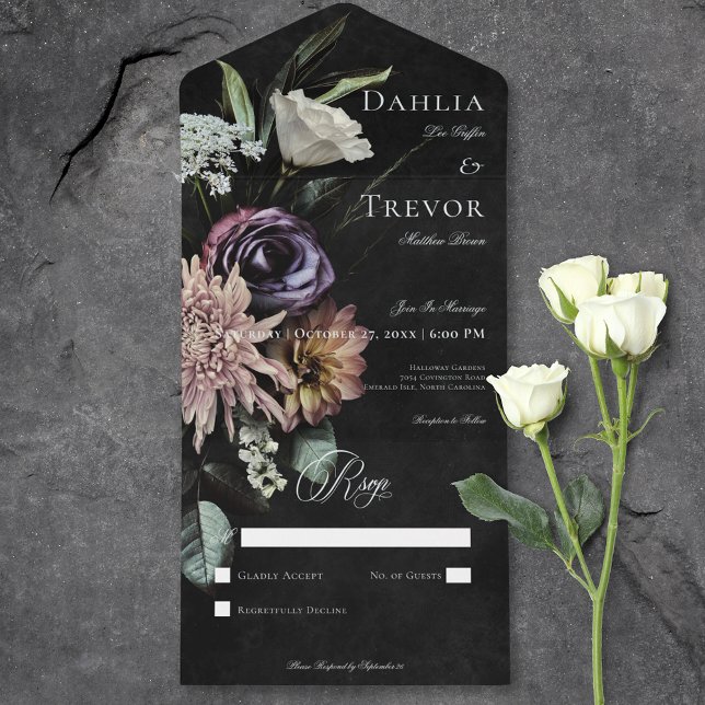 Mörk Gothic Mysterious Muted Blommigt No Midinner (Dark Gothic Mysterious Muted Floral No Dinner All In One Invitation)