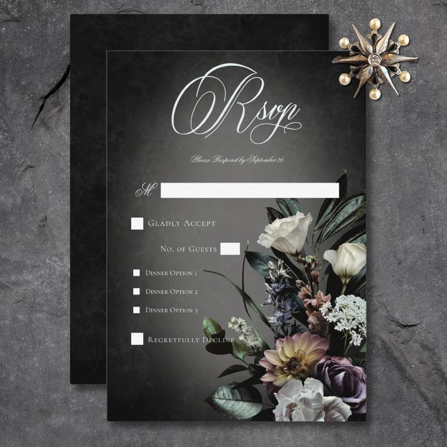 Mörk Gothic Mysterious Muted Blommigt Obeskärnings OSA Kort (Dark Gothic Mysterious Muted Floral Blur Dinner RSVP Card)