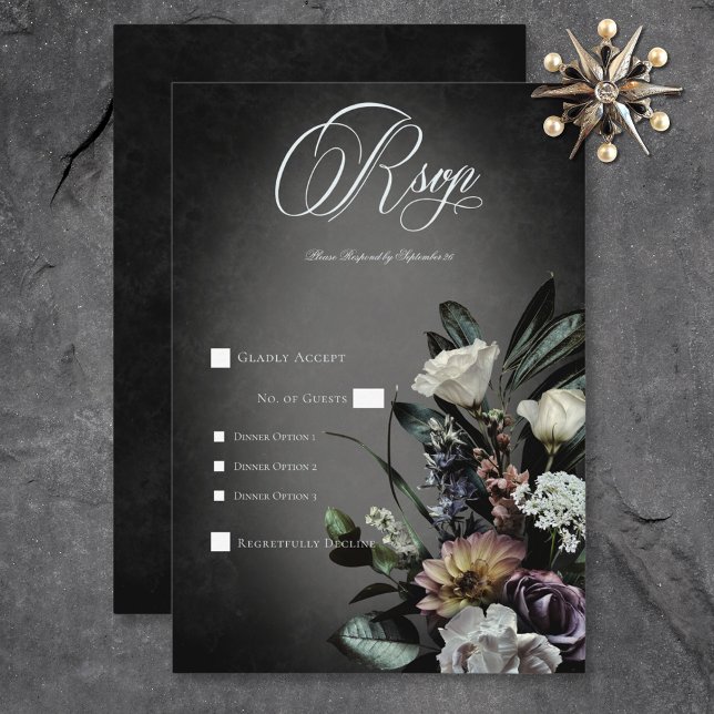 Mörk Gothic Mysterious Muted Blommigt Obeskärnings OSA Kort (Dark Gothic Mysterious Muted Floral Blur Dinner RSVP Card)