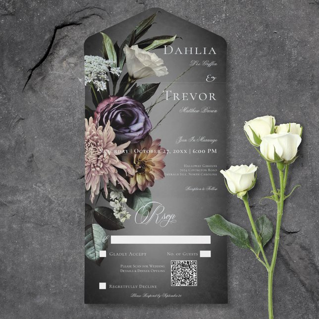 Mörk Gothic Mysterious Muted Blommigt Oskärpa QR-k (Dark Gothic Mysterious Muted Floral Blur QR Code All In One Invitation)