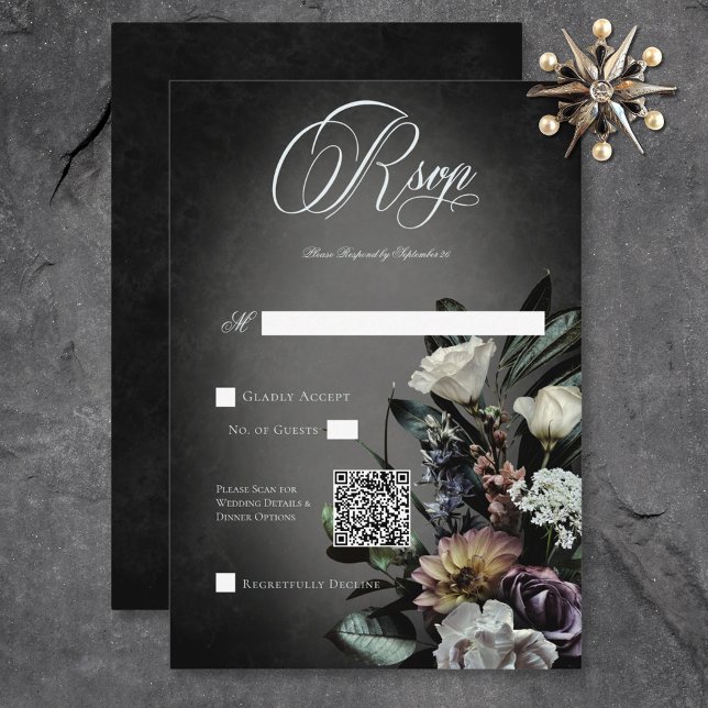Mörk Gothic Mysterious Muted Blommigt Oskärpa QR-k OSA Kort (Dark Gothic Mysterious Muted Floral Blur QR Code RSVP Card)
