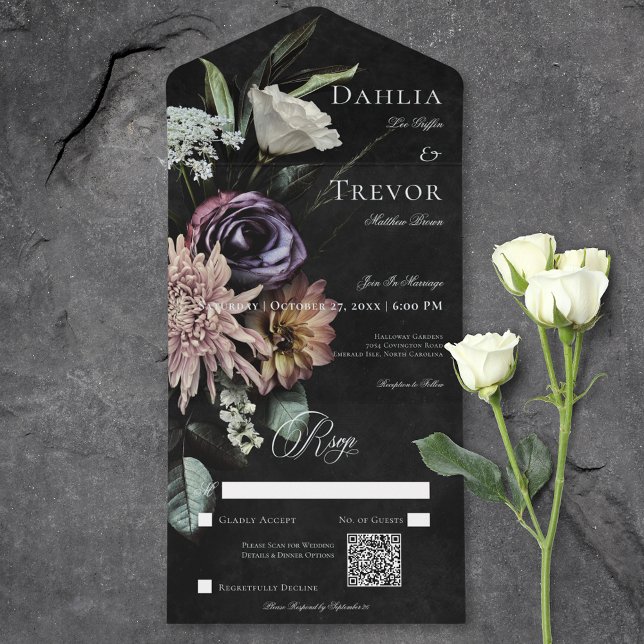 Mörk Gothic Mysterious Muted Blommigt QR-kod (Dark Gothic Mysterious Muted Floral QR Code All In One Invitation)