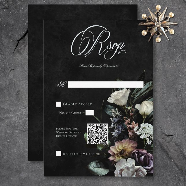 Mörk Gothic Mysterious Muted Blommigt QR-kod OSA Kort (Dark Gothic Mysterious Muted Floral QR Code RSVP Card)