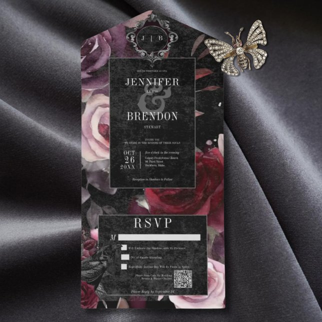 Mörk Gothic Rosa Burgundy & Black Blommigt QR-kod (Also available without a QR code; with or without dinner selection options.)
