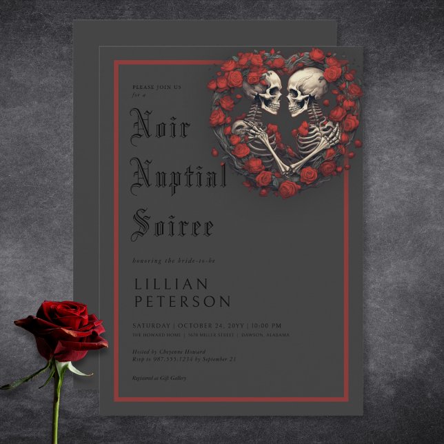Mörk Gothic Skeleton Couple Black Möhippa Inbjudningar (Dark Gothic Skeleton Couple Black Bridal Shower Invitation)