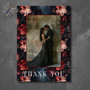 Mörk Gothic Vintage Red Rosa Blommigt Photo Bröllo Tack Kort
