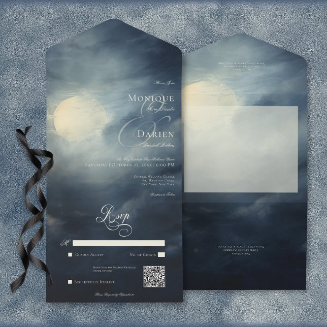 Mörk gotiic Full Moon Night Himlar QR-kod (Dark Gothic Full Moon Night Sky All In One Wedding Invitation with QR Code)