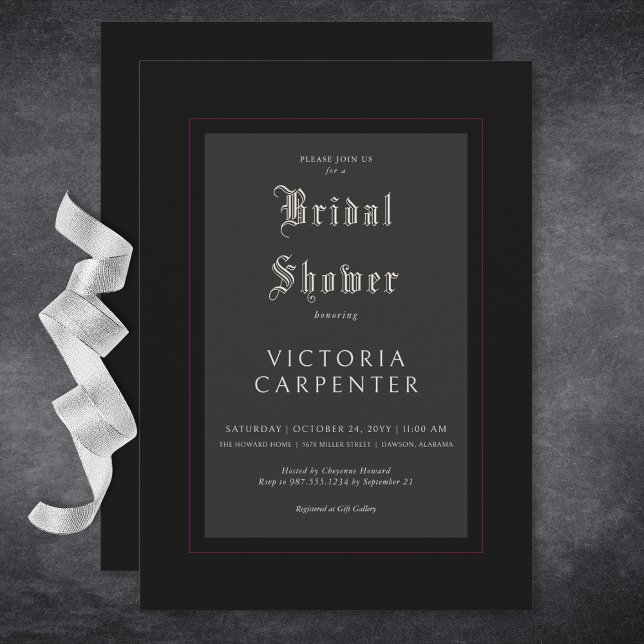 Mörk gotiic Minimum Black & Burgundy Möhippa Inbjudningar (Dark Gothic Minimal Black & Burgundy Bridal Shower Invitation)