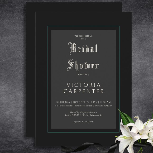 Mörk gotik Minimal Black & Teal Möhippa Inbjudningar (Dark Gothic Minimal Black & Teal Bridal Shower Invitation)