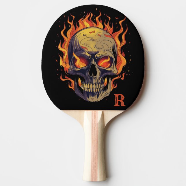 Mörk gotisk dödskalle i lågor Monogram initial Pingisracket (Framsidan)