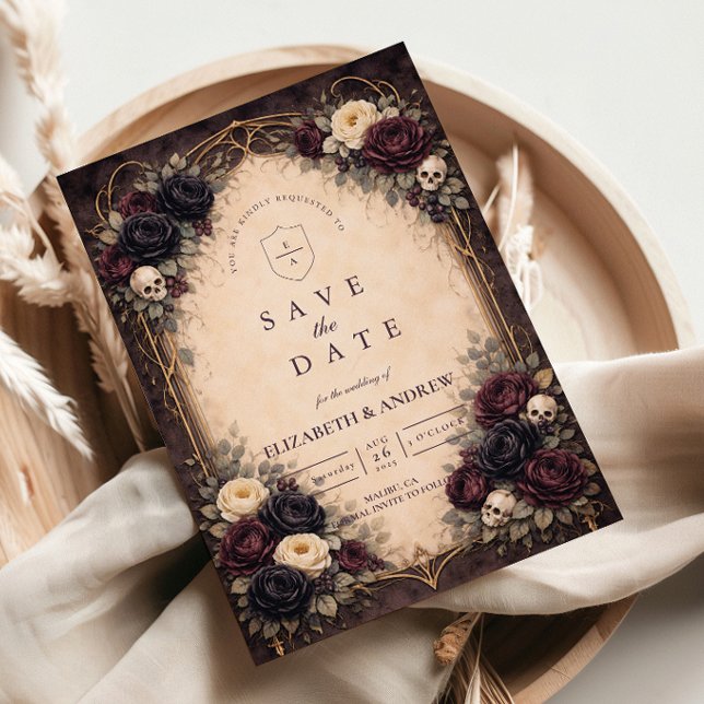 Mörk gotisk dödskalleblomma Bröllop Spara Datumet (Skapare uppladdad)