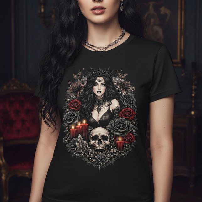 Mörk gotisk drottning med dödskalle och ljus t shirt (Dark Gothic Queen With Skull and Candles T-Shirt by Ricaso - dark & divine series. Goth style tee
)
