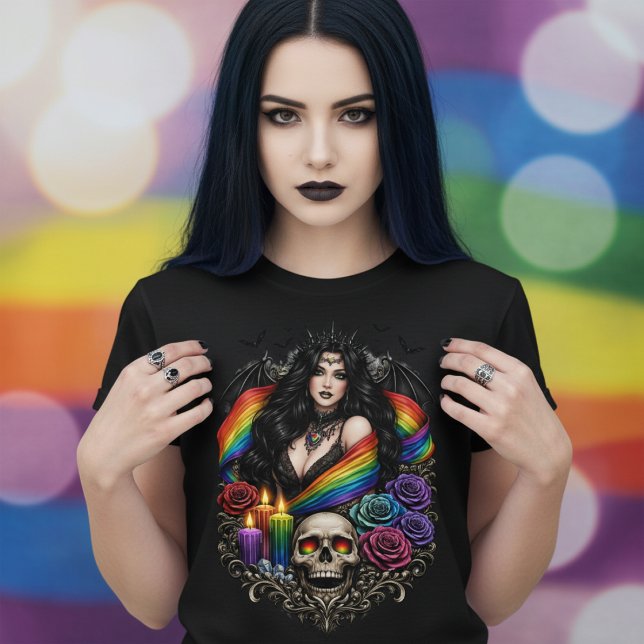 Mörk gotisk HBTQ-pristad skull med ljus T Shirt (Dark Gothic Gay Pride With Skull and Candles T-Shirt
by Ricaso LGBT themed goth clothing)