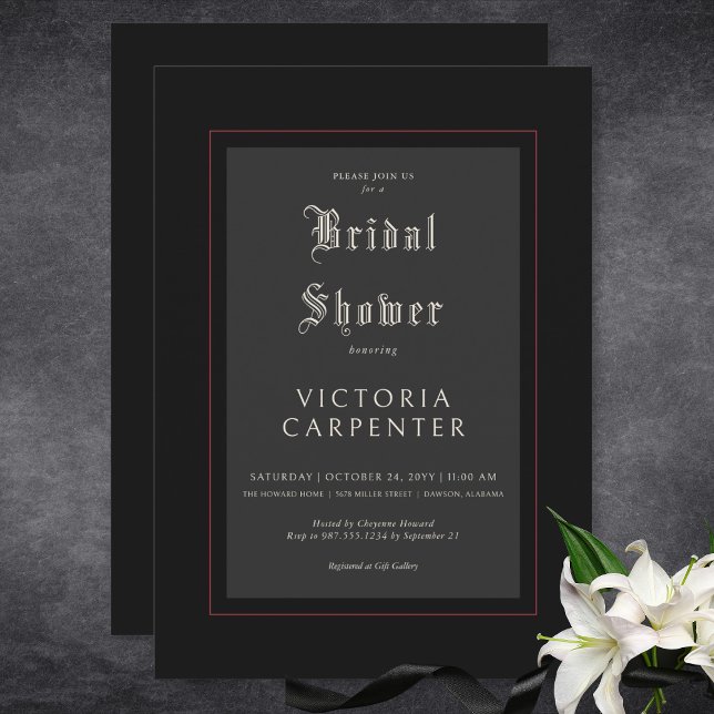 Mörk gotisk minimal svart & röd bröllopsdusch inbjudningar (Dark Gothic Minimal Black & Red Bridal Shower Invitation)