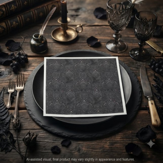 Mörk gotisk obsidian damast korp pappersservett (Moody obsidian gothic raven paper napkin for dark academia dinners and occult parties.)