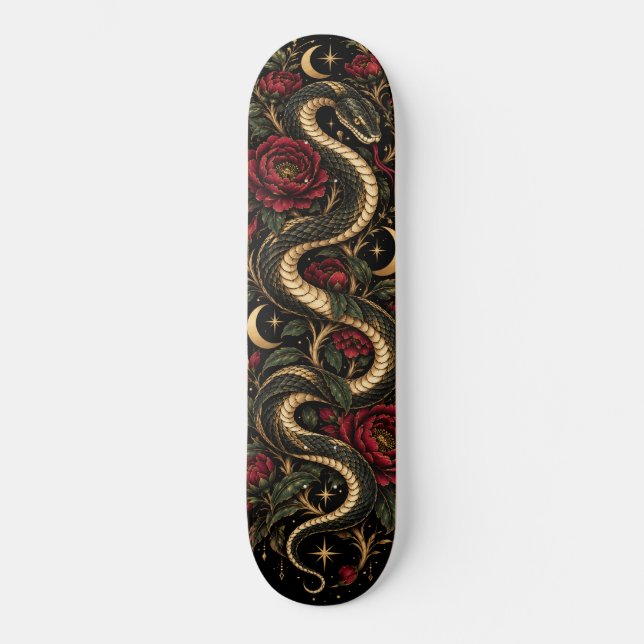 Mörk gotisk orm & röda rosor Celestial Skateboard (Framsida)