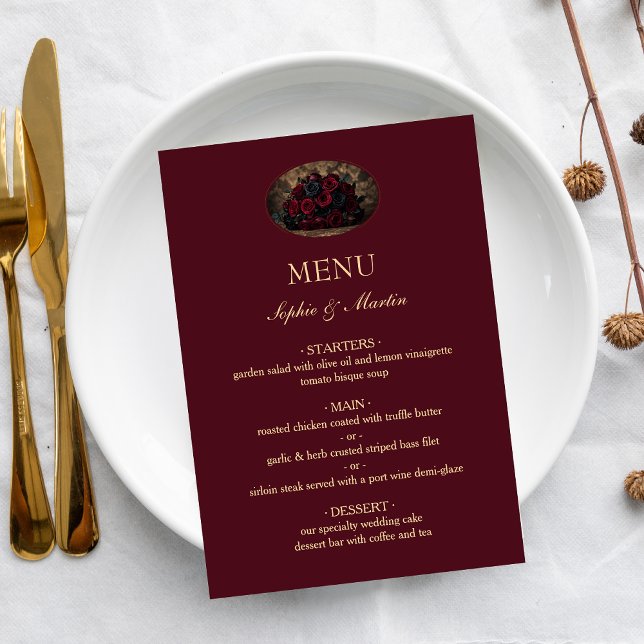 Mörk gotisk romantisk Burgundy anpassad foto bröll Meny (Skapare uppladdad)