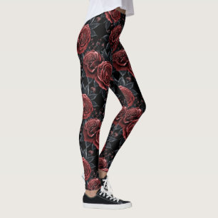 Mörk gotisk rosblomma svart röd elegant mönster leggings