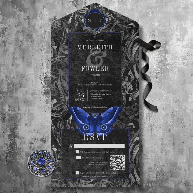 Mörk gotisk svart & blå filigran fjäril QR-kod (Dark Gothic Black & Blue Filigree Moth All In One Wedding Invitation with QR Code)