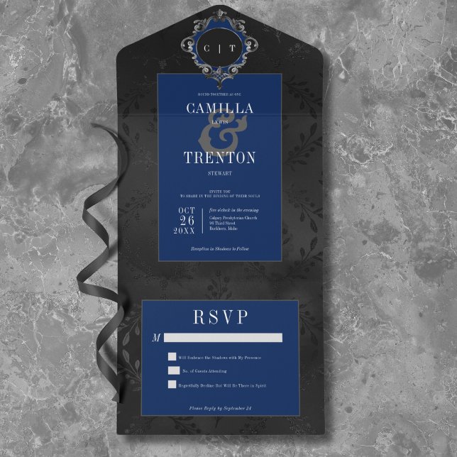 Mörk, gotisk svart och blå Blommigt, ingen middag (Dark Gothic Black & Blue Floral Satin No Dinner All In One Invitation)
