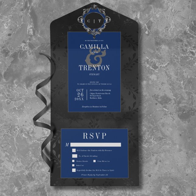 Mörk, gotisk svart och blå Blommigt, platinadör (Dark Gothic Black & Blue Floral Satin Dinner All In One Invitation)