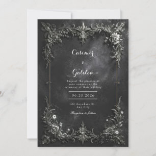 Mörk gotisk svart och silver metallisk blomsterbrö inbjudningar