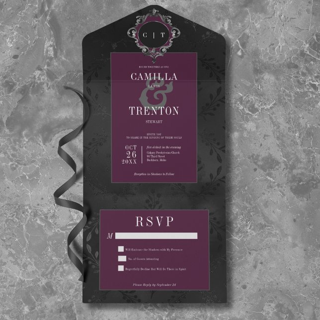 Mörk gotisk svart vin floral satin ingen middag (Dark Gothic Black & Purple Floral Satin No Dinner All In One Invitation)