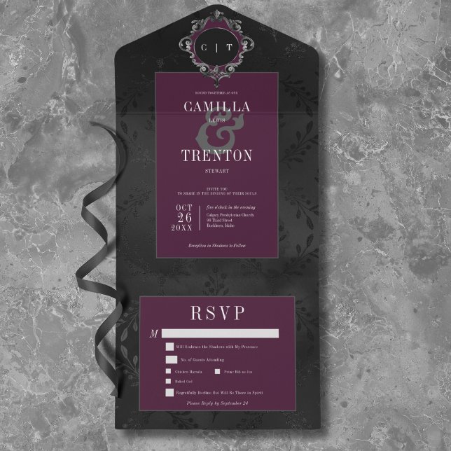 Mörk gotisk svart vin floral satin middag (Dark Gothic Black & Purple Floral Satin Dinner All In One Invitation)
