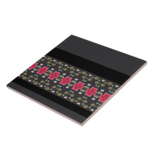 Mörk Grått Black with Fuchsia Rosa Blommigt Kakelplatta