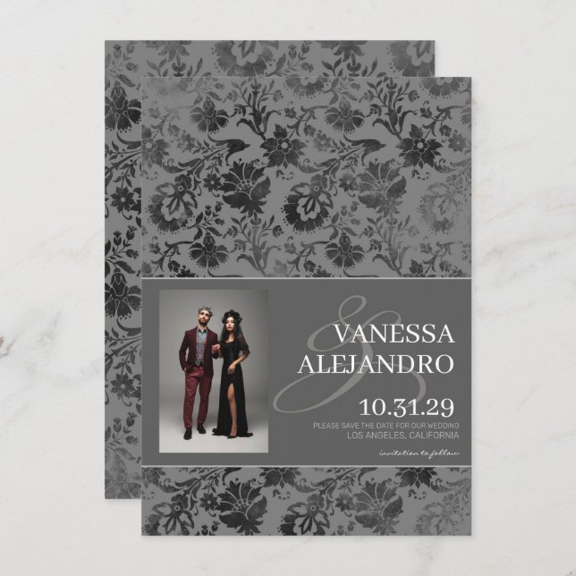 Mörk Grått Blommigt Spara Datumet (Fram/baksida)